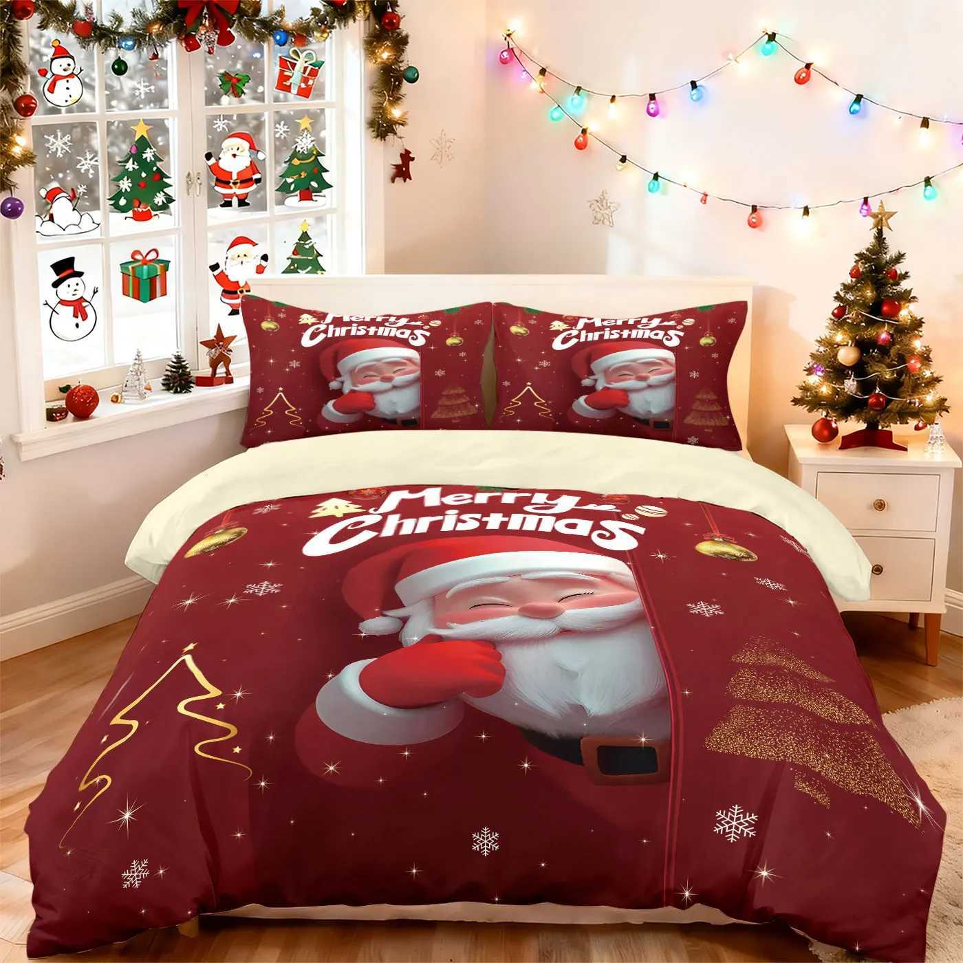 Christmas 3pcs cartoon Santa Claus red printed coreless duvet cover set multi size bedroom bedding holiday decoration machine washable Y251126