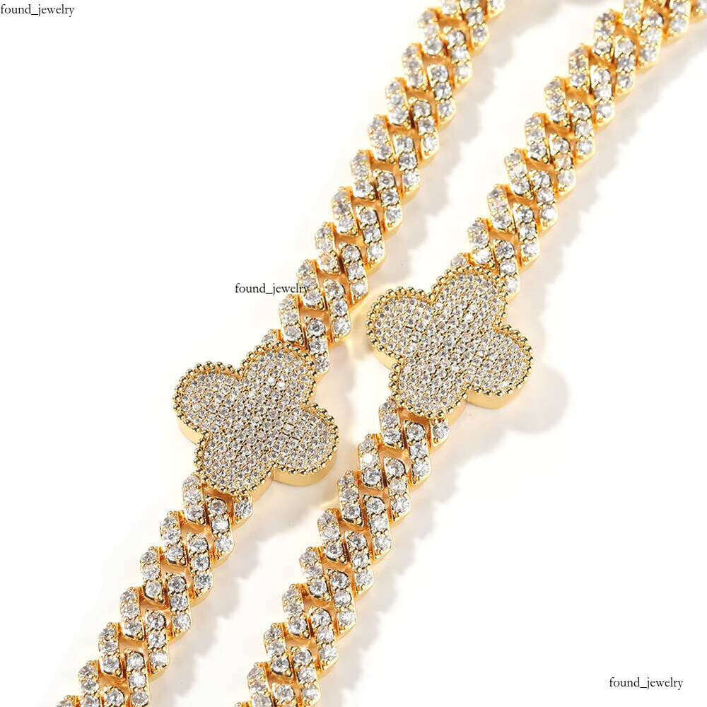 High Quality fashion Jewelry 18k Gold Plated Brass Necklace 8mm Cuban Chain VVS Moissanite Four Leaf Clover Bracelet