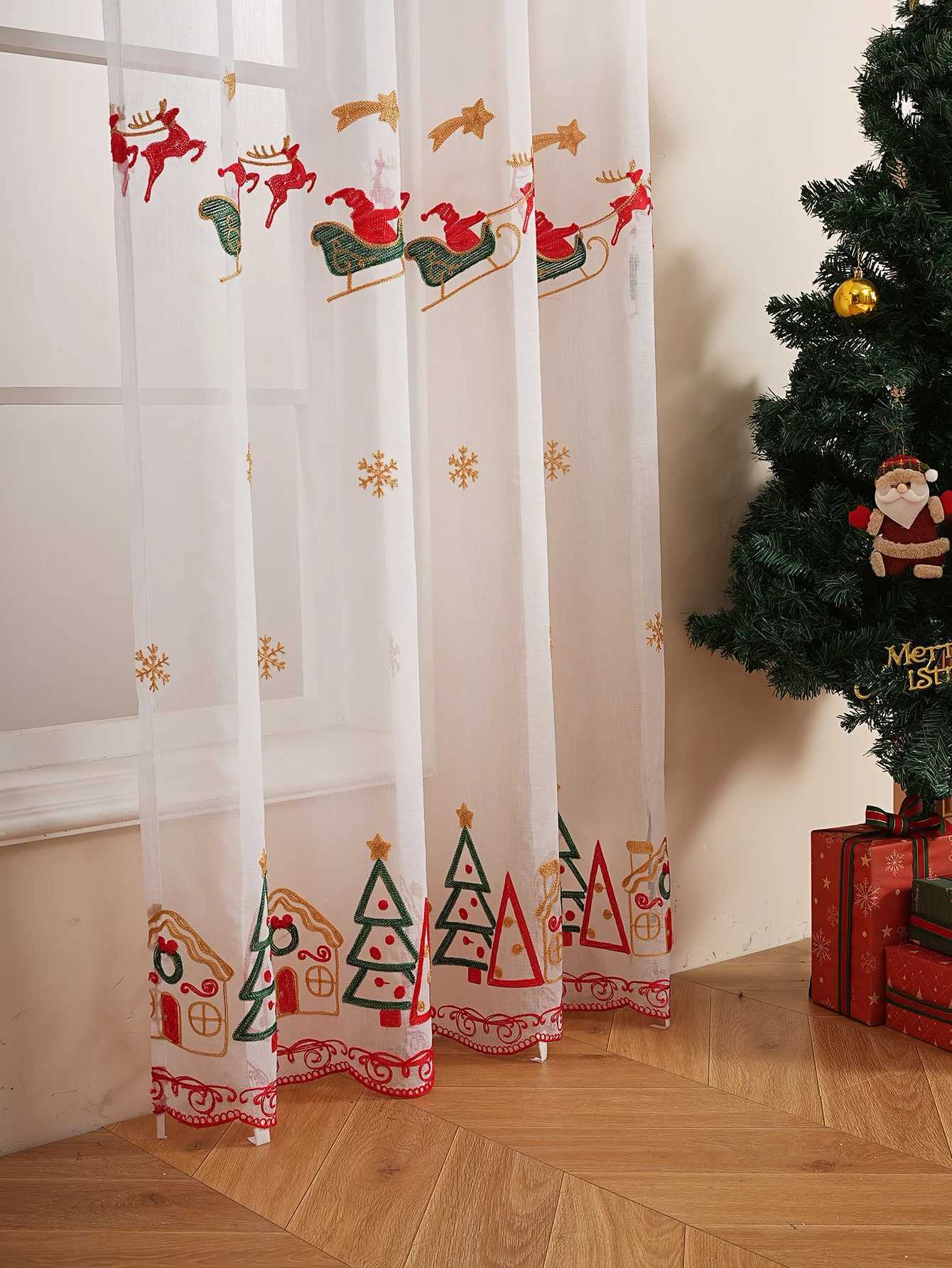 Christmas 1PC Christmas Reindeer Sleigh Embroidered Tulle Pole Curtain for Living Room Bedroom Holiday Party Decor Y251126