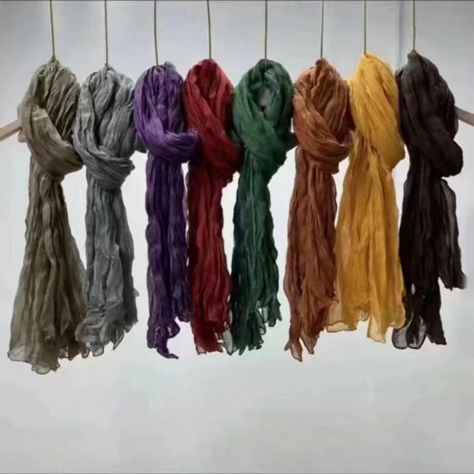 K530 Foreign trade cotton and linen scarf color matching twisted wrinkled scarf women's thin silk scarf pleated scarf versatile solid color shawl