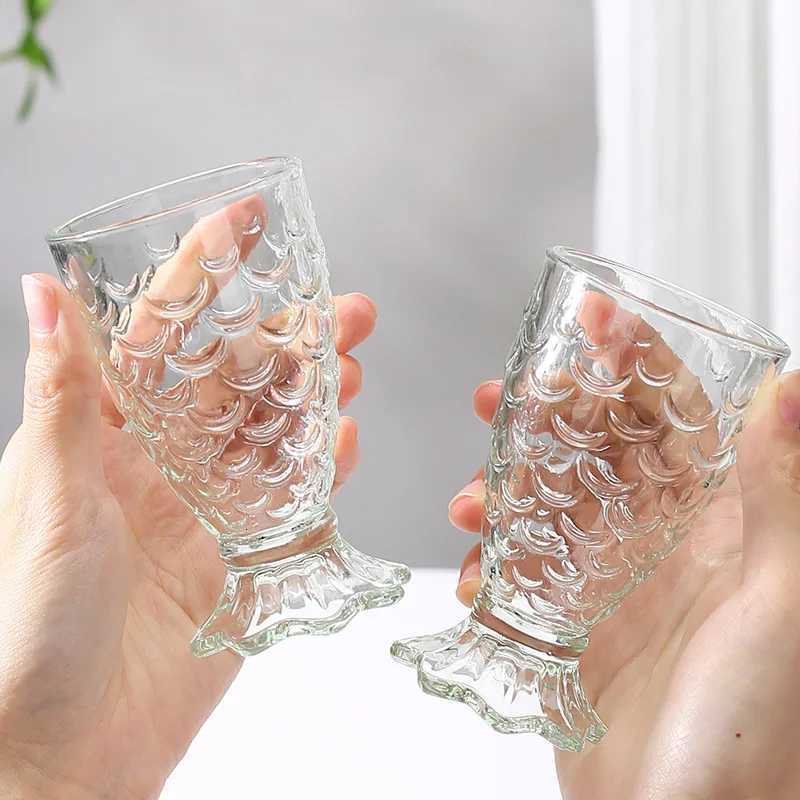 Mermaid Glass Cup with Fish Scale Pattern Glass Cup Household High Footed Transparent Wine Glass Cute Heat-resistant Juice Mugs C251126