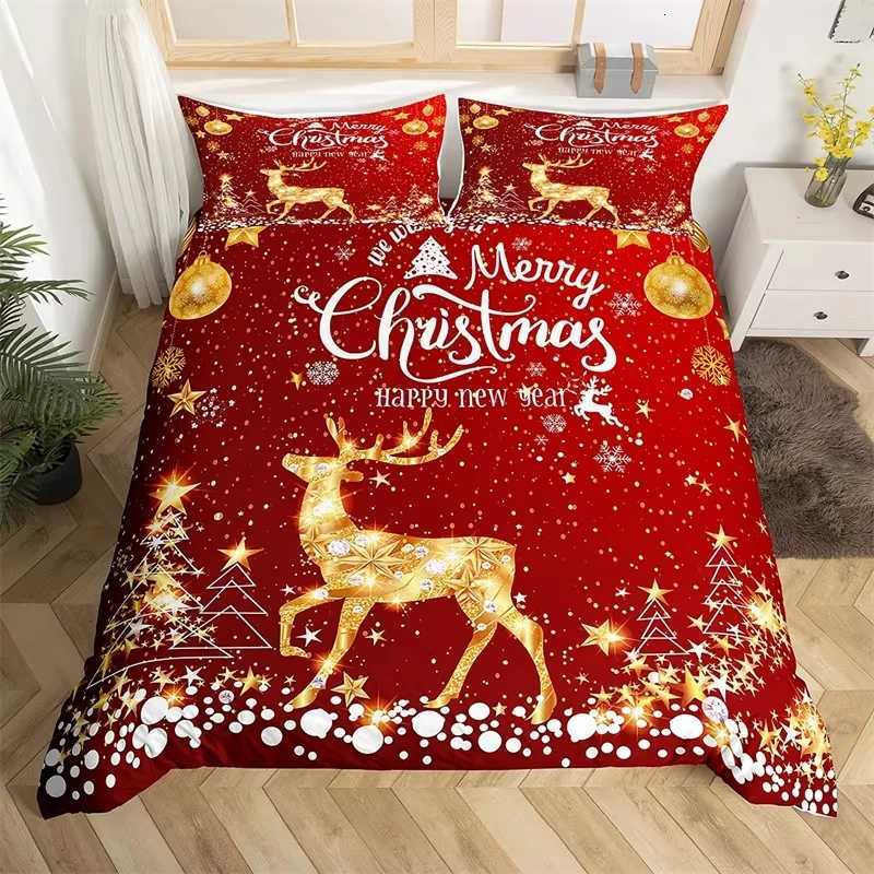 Christmas Cartoon Winter House Duvet Cover Cute Deer Animal Santa Claus Bedding Sets Christmas Theme Rustic Farmhouse Style Quilt Cover Y251126