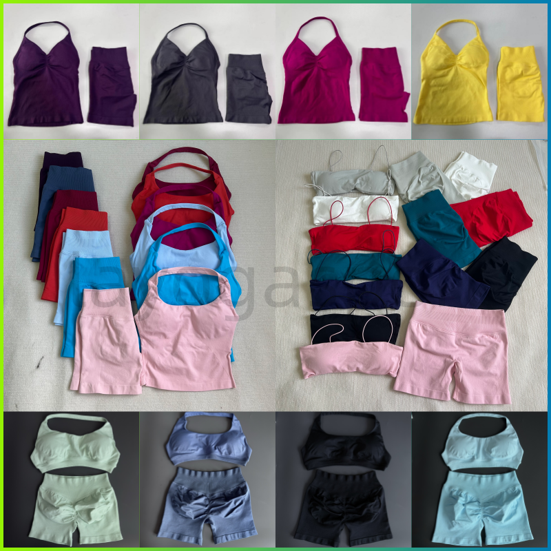 DF2 Piece Yoga Sports Bra High Waist Workout Scrunch Shorts lmpact Gym Set Women Strappy Sports Suit Fitness Clothes Seamless Yoga Set Backless TopsOutft