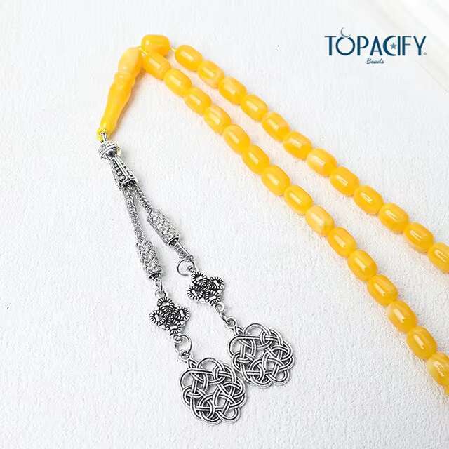 Hot Sale Isamic Misbaha Yellow Cylindrical 45-beads Prayer Religious Rosaries with Alloy Pendant Muslim Tesbih Gift for Eid