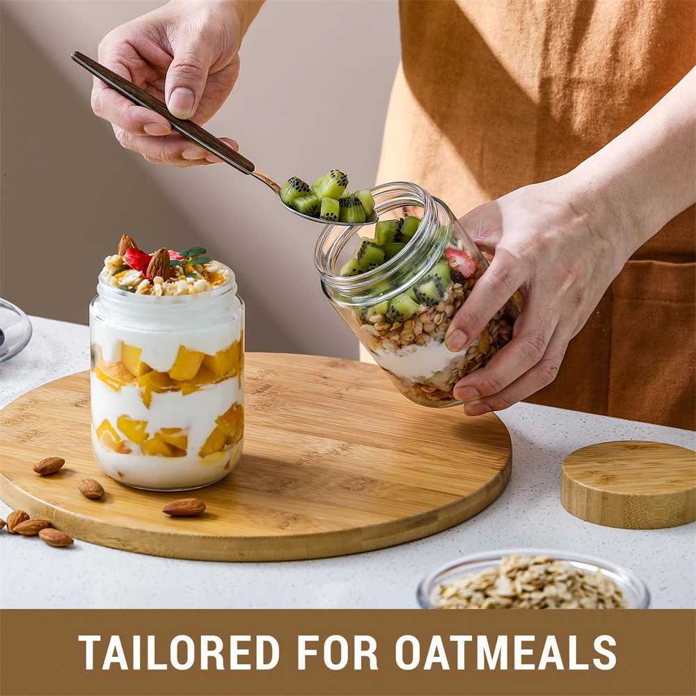 4pack Glass jars with Airtight Lid 16oz Over Night Oats Container with Bamboo Lids Glass Snack Storage Salad Jars Yogurt Sugar Y251126