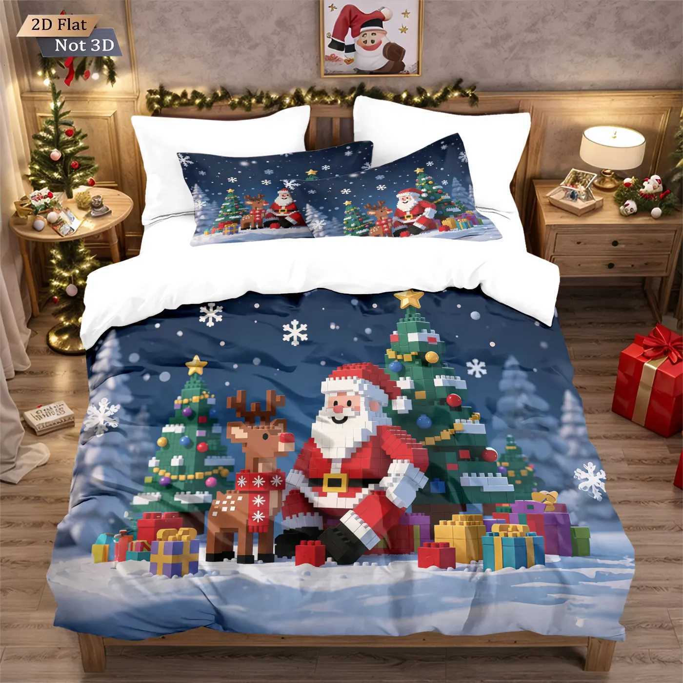 Christmas 3pcs building block cartoon Santa Claus print coreless duvet cover set multi size bedroom holiday bedding holiday decoration Y251126