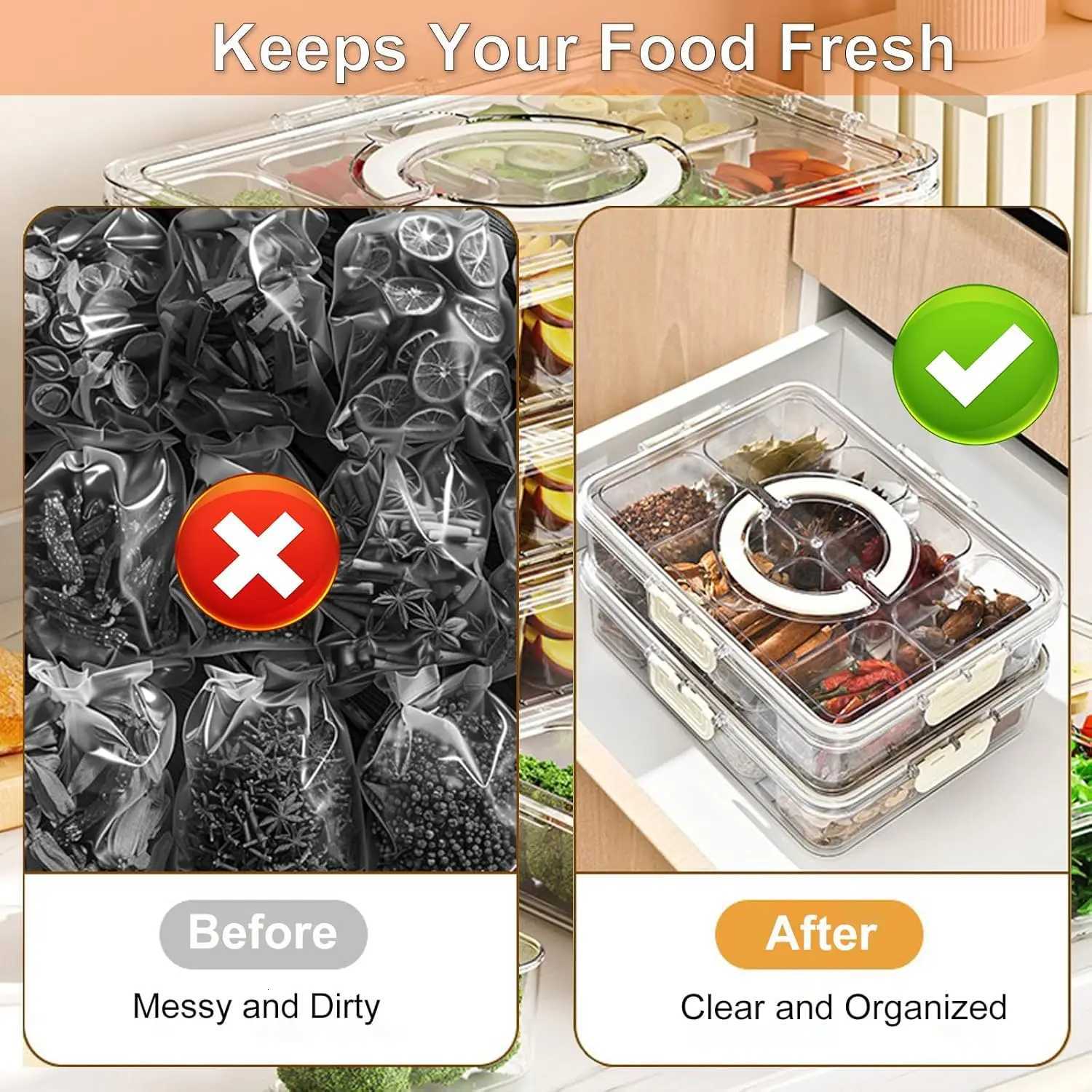 Veggie Tray with Lid and Handle Divided Serving Tray Snack Spinner Portable Snackle Boxs for Candy Fruits Nuts Clear Fridge Y251126