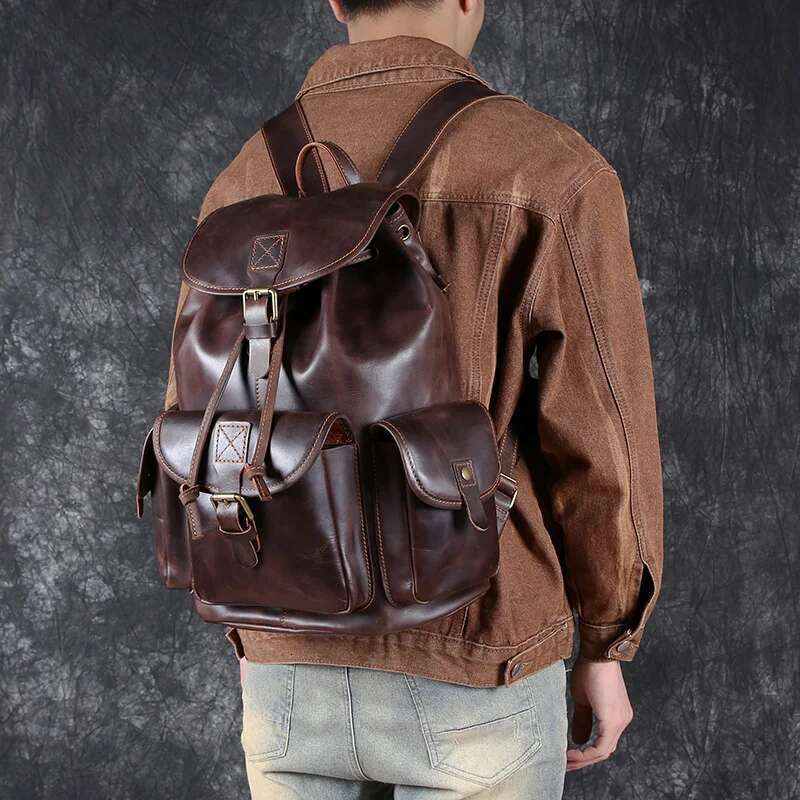 Vintage Top Layer Cowhide Men's Leather Crazy Horse Computer Bag Unisex Trend Fashion Travel Backpack