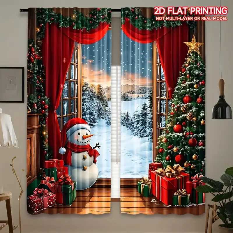 Curtain Christmas 2pcs Joyful Snowman Christmas Pattern Curtains Festive Design Light - Filtering Polyester Curtains for Christmas Home Windows Y25112