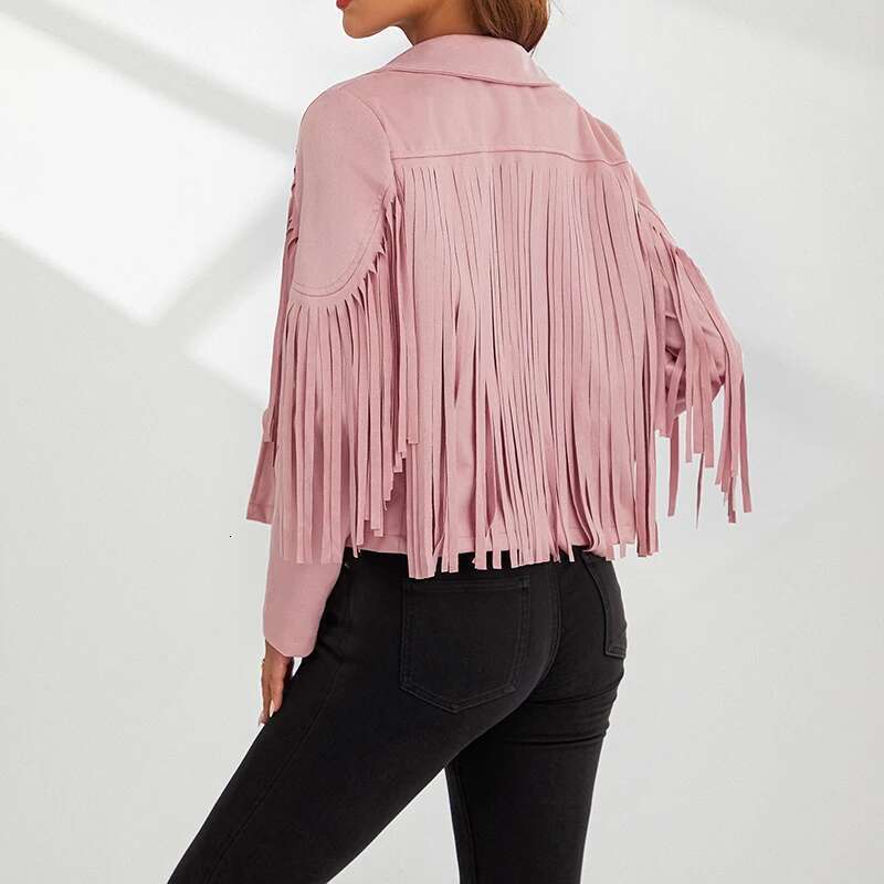Women Spring Autumn Slim Long Sleeve Open Front Coat Solid Color Collared Jacket With Tassels Black/ Coffee/ Pink