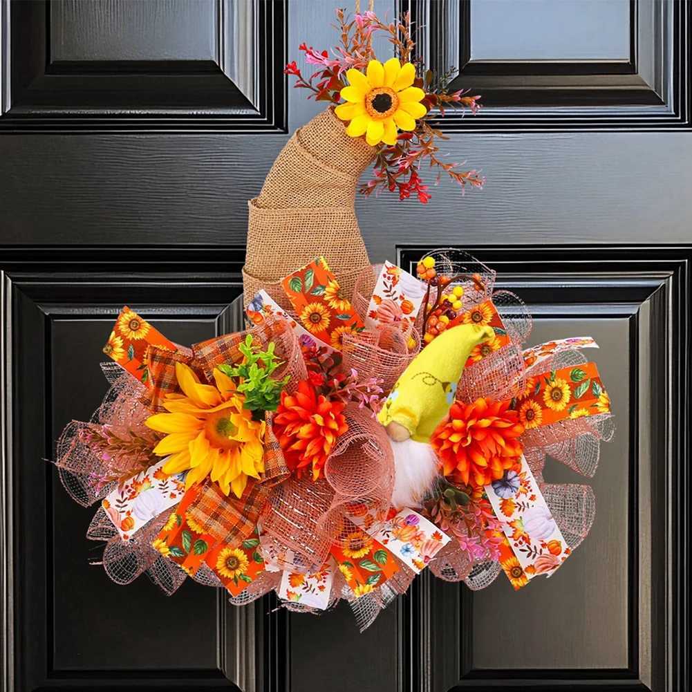 Hat Patterned Thanksgiving Halloween Autumn Mesh Doll Wreath Door Hanging Simulation Sunflower Decoration Prop C251126