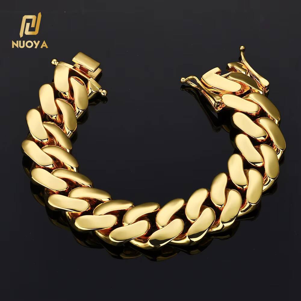 NUOYA Luxury 18K Gold Plated Flat Cuban Chain Bracelet for Men High Polished Smooth Cuban Bracelet Hip Hop Jewelry Wholesale