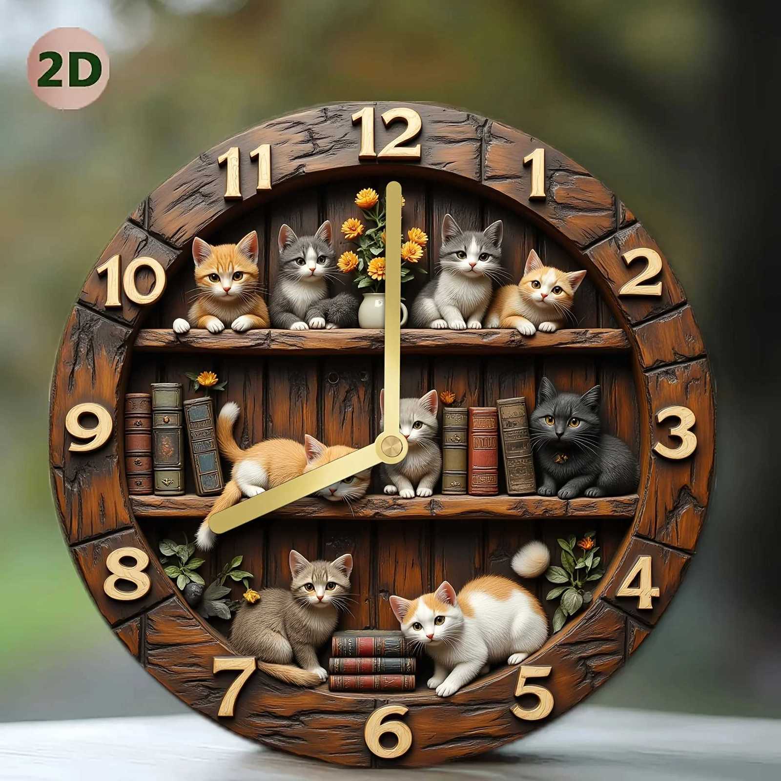 Silent Wall Clock with Cute Kitten Bookshelf Design - Large Yellow Hands Black Arabic Numerals - Low Voltage Room Decor C251126