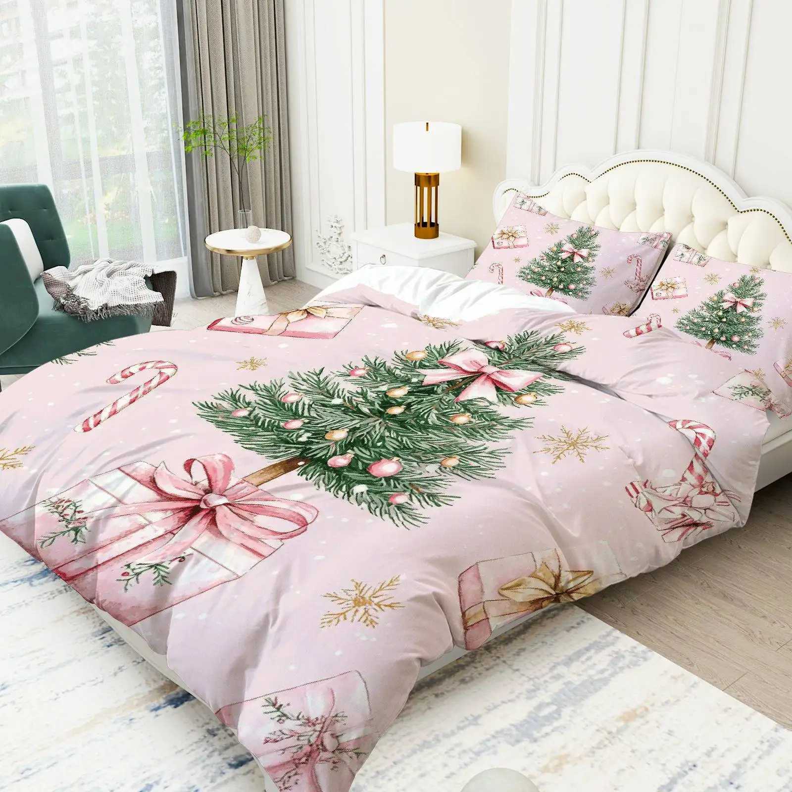 Christmas 3pcs Christmas Tree Candy Cane Duvet Cover Set - Soft Pink Golden Bedding with Zipper Closure All-Season Cozy Decorative Y251126
