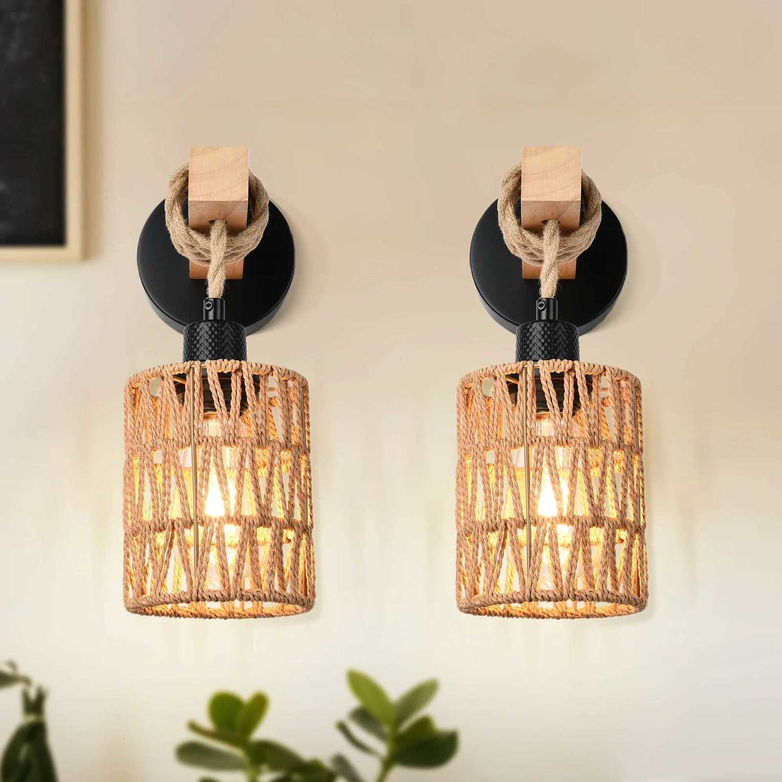 Easy Install Rattan Wall Sconces Wall Lights with Dimmable Boho Wall Mount Light Fixtures Wicker Wall lamp for Bedroom Nursery M251126