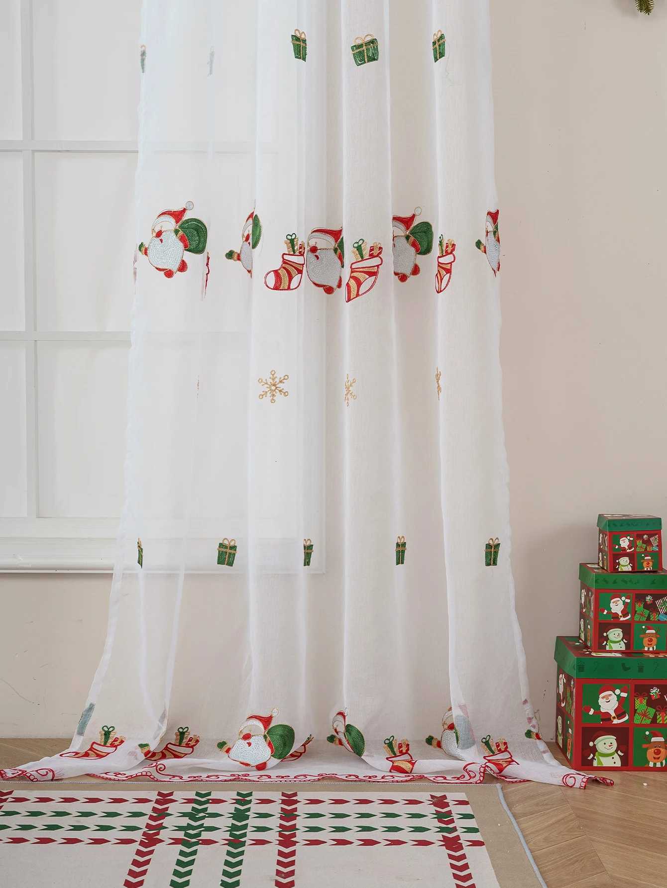 Curtain Christmas 1PC Festive Christmas Embroidered Stocking Thin Curtain Rod Pocket Included for Living Room Bedroom Window Decor Y251126