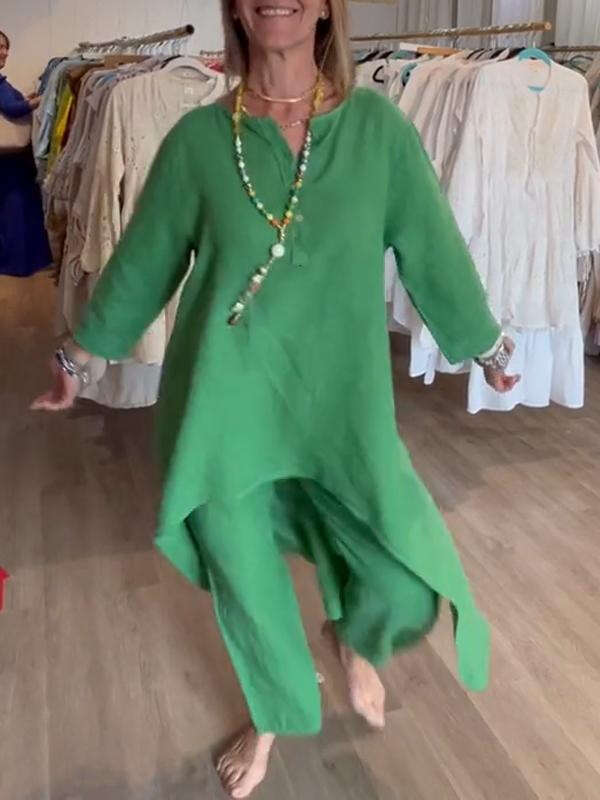 European American women's cotton and linen plus size long top wide leg pants two-piece set 2025 new casual fashion trend clothing