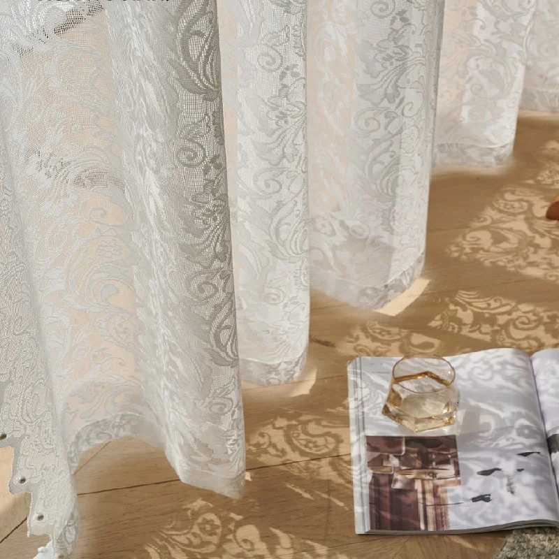 Curtain Christmas French white vintage warp knitted lace beaded gauze curtains in the living room bedroom bay window partition wave lace Korean Y25112