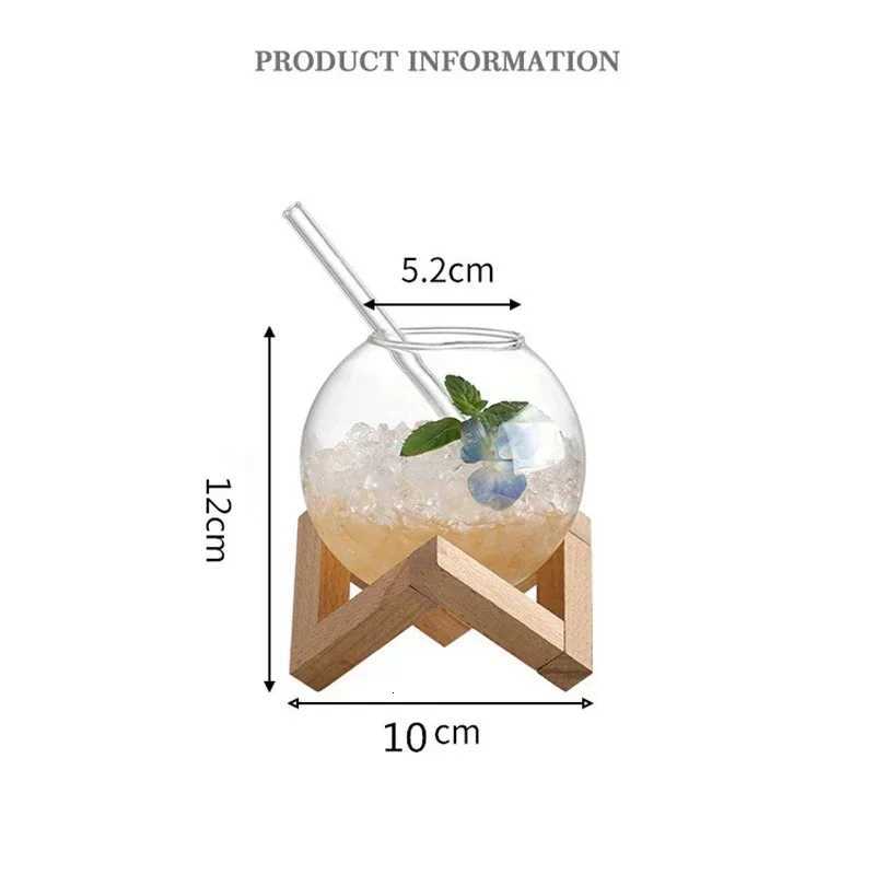 Creative Ronud Ball Glass Cup with Wood Stand Straw Wine Cocktail Glass Cup Transparent Moon Ball Cold Drinking Juice Cups C251126