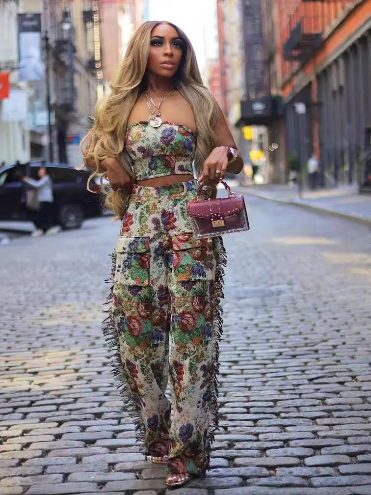 Womens Two piece pants outfits Crop top Sexy Lace Up Wrapped Chest Fringe Long Pants Womens Jacquard Fashion Set