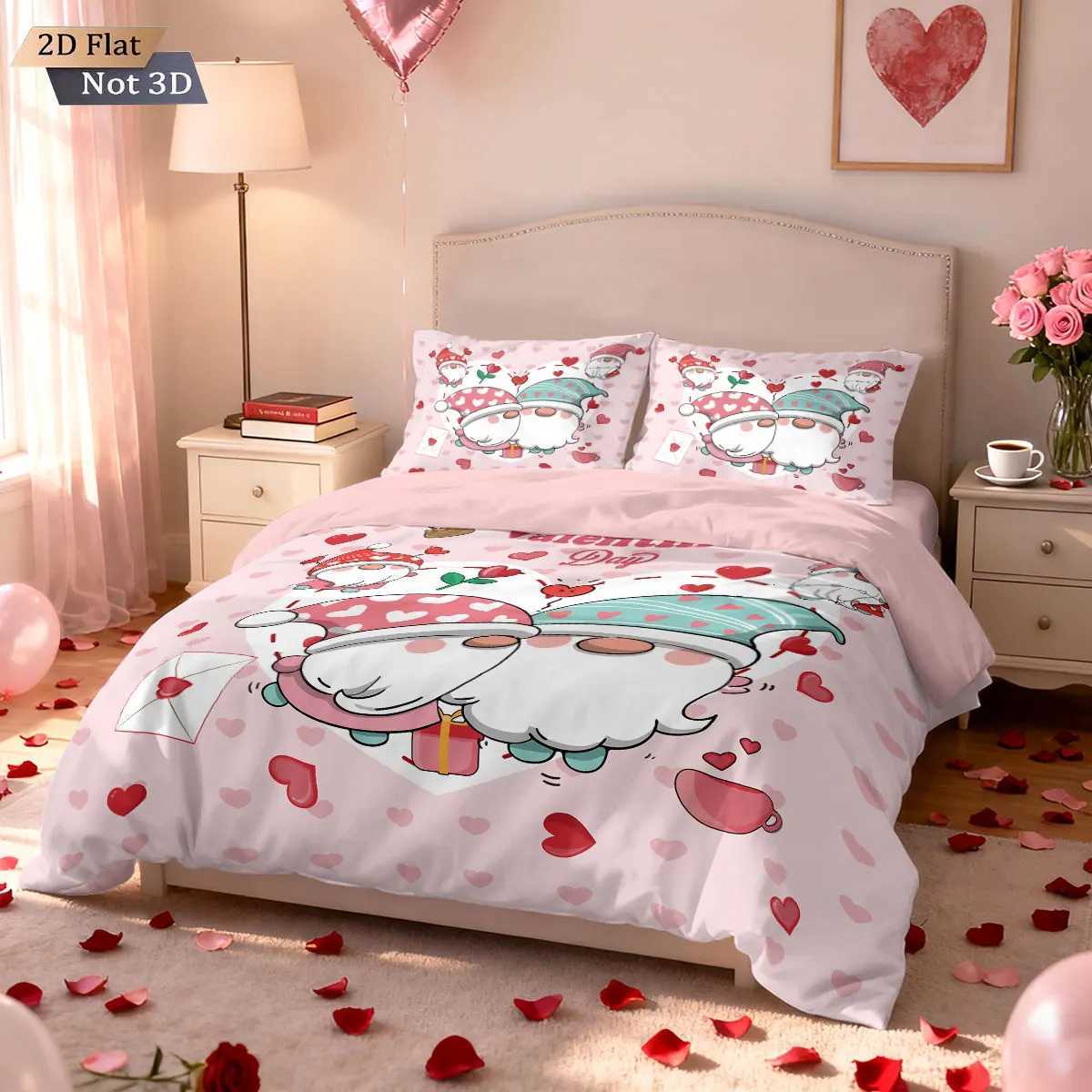 Christmas 3pcs Valentines Day Pink Christmas goblin print coreless duvet set multi size bedroom dormitory bedding holiday decoration Y251126