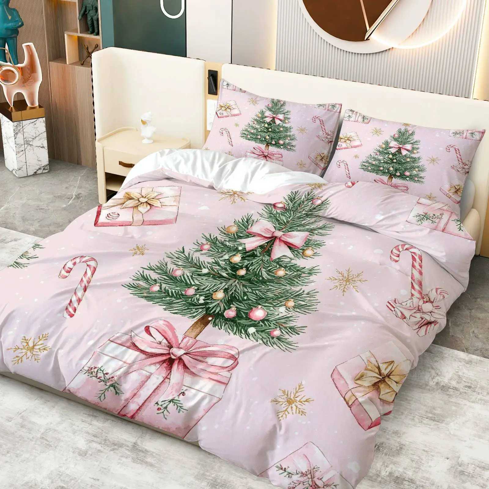 Christmas 3pcs Christmas Tree Candy Cane Duvet Cover Set - Soft Pink Golden Bedding with Zipper Closure All-Season Cozy Decorative Y251126