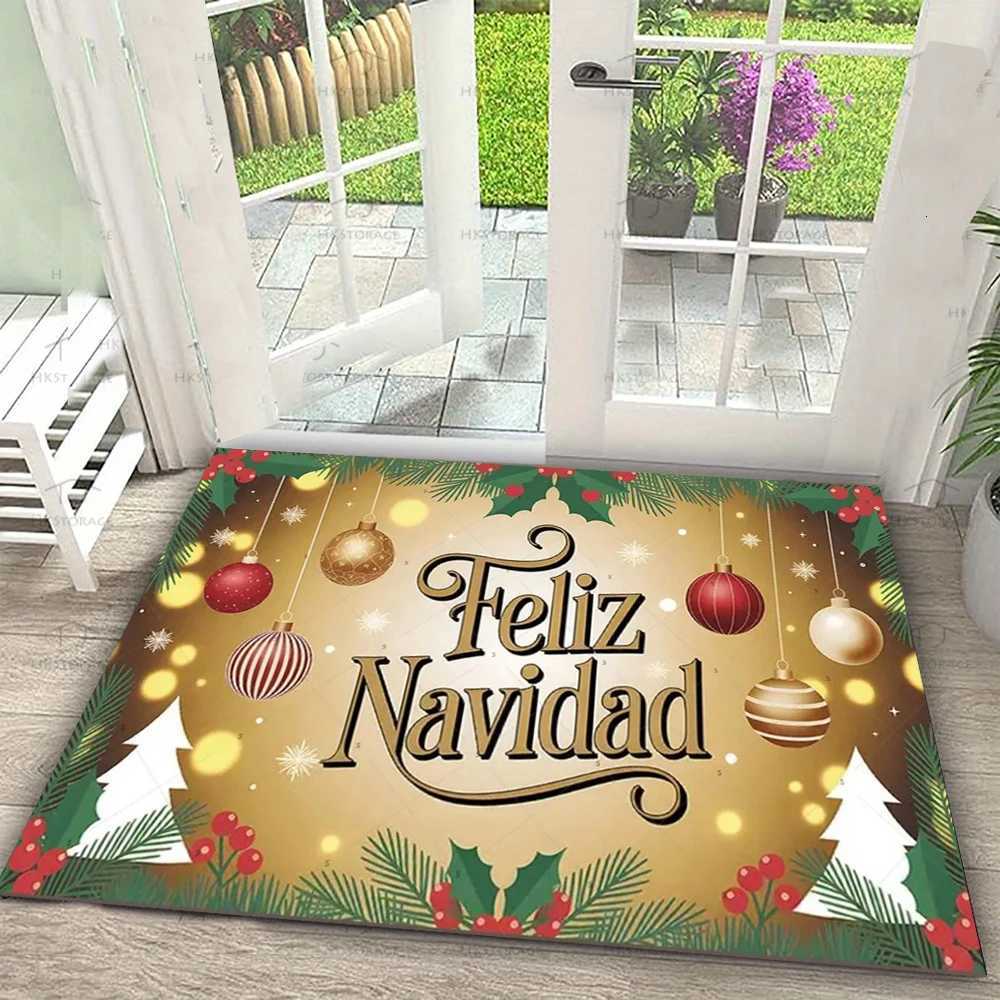 Feliz Navidad Christmas Doormat Red Background with Snowman Reindeer Santa Design White Snowflakes Gold Stars for Holiday DecorM251126