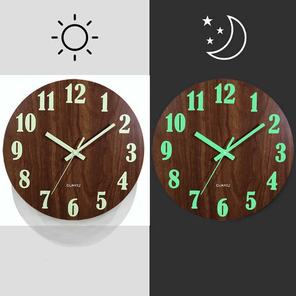 12 Inch Luminous Wall Clock Wood Silent light in dark night Nordic Fashion Wall Clock Non Ticking Clock With Night Light C251126