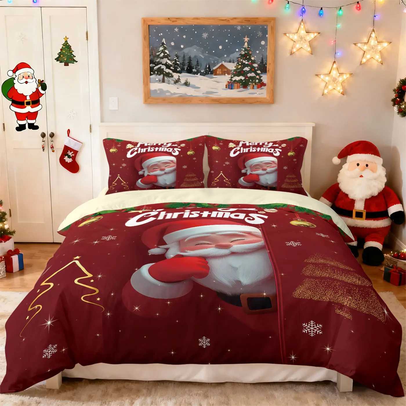 Christmas 3pcs cartoon Santa Claus red printed coreless duvet cover set multi size bedroom bedding holiday decoration machine washable Y251126