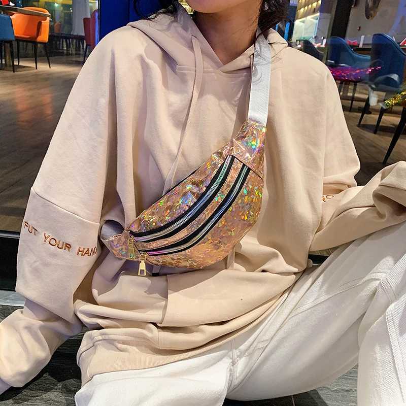 Holographic Waist Bags Women Silver Fanny Pack Female Belt Bag Black Geometric Waist Packs Laser Chest Phone Pouch Bum BagT251126