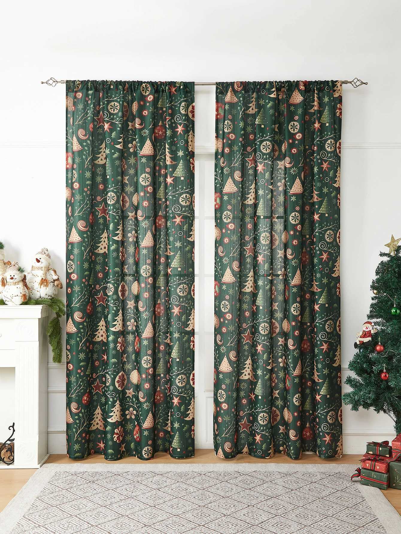 Curtain Christmas Green Christmas tree gifts curtains holiday party atmosphere curtains living room bedroom pole curtains Y251126