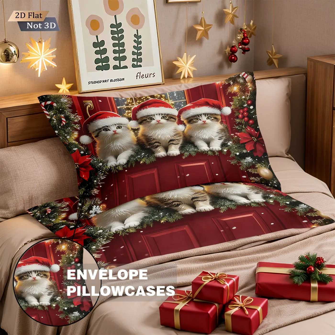 Christmas 3pcs red Christmas cat print coreless duvet set multi size bedroom holiday bedding holiday decorations machine washable Y251126