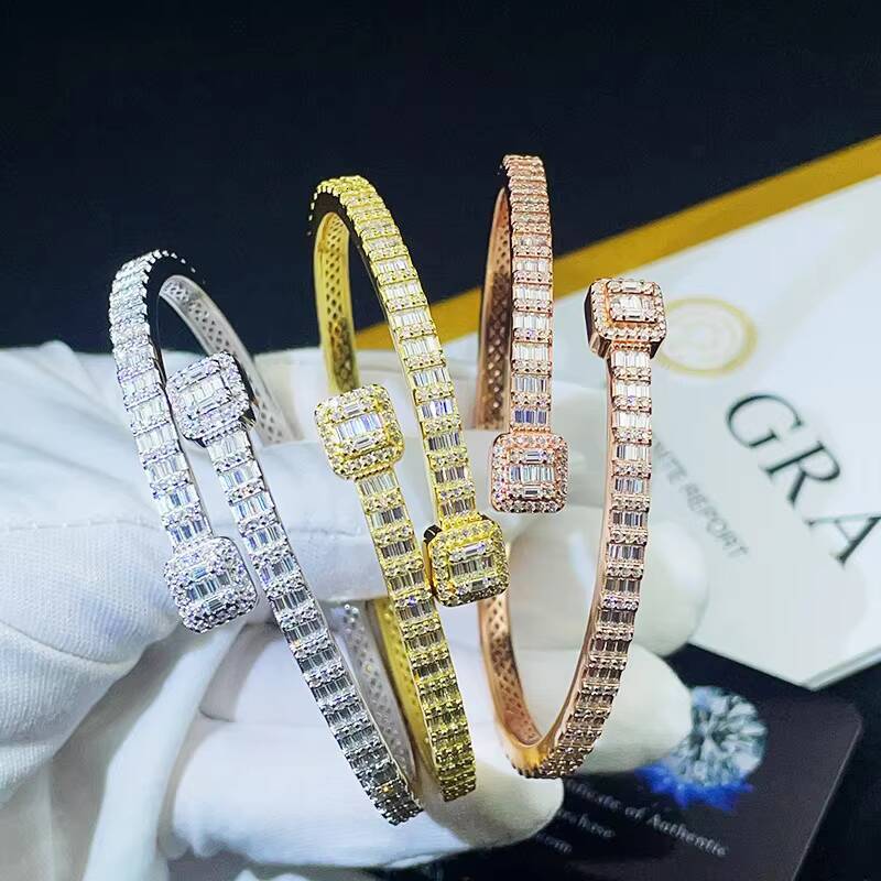 Hip Hop Jewelry 925 Sterling Silver Iced Out VVS Baguette Moissanite Bracelet T Square Diamond Cuban Link Bangles for Women Men