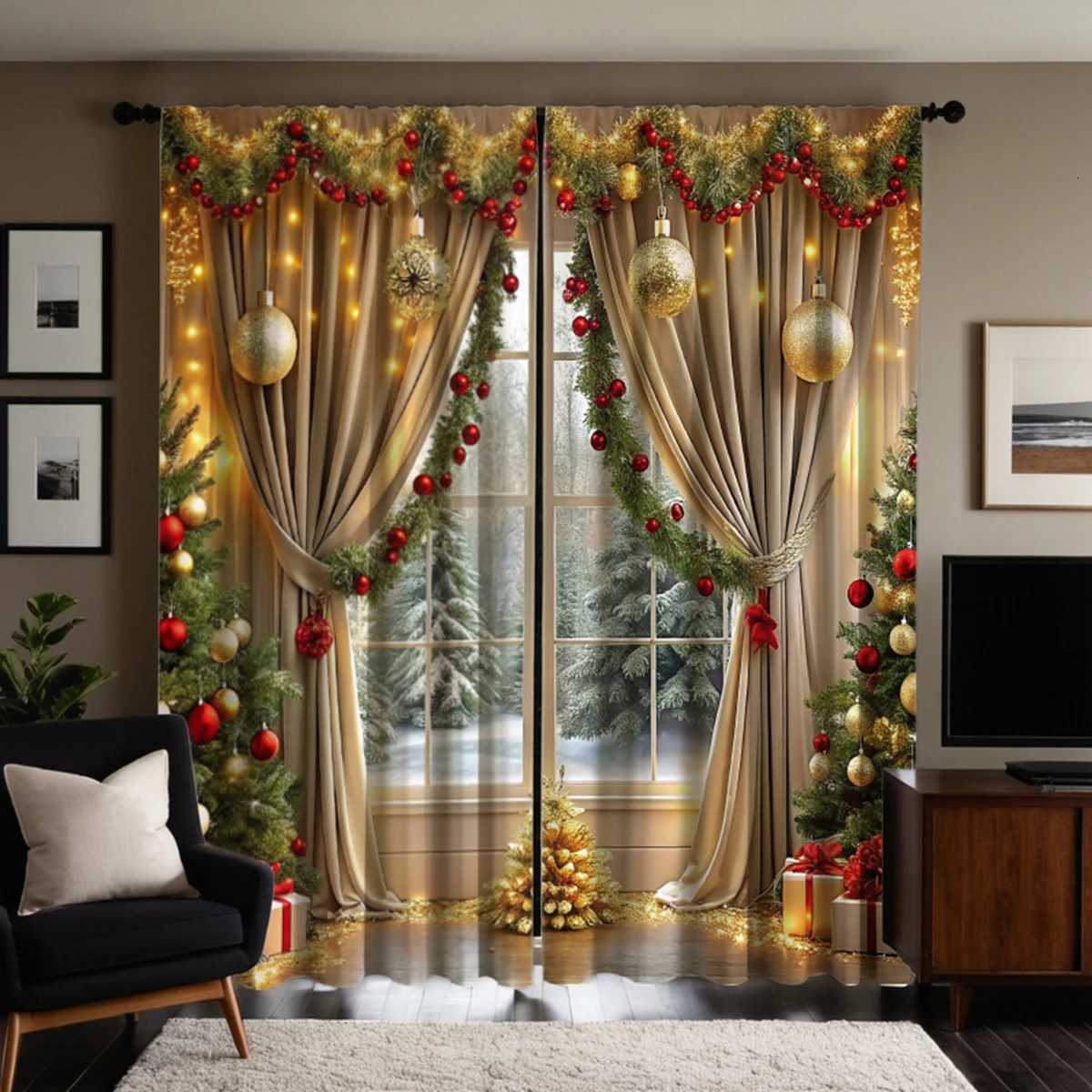 Christmas 2 pieces of HD digital curtain printing simulation valance yellow tie Christmas green latte red balloon home decoration style de Y251126