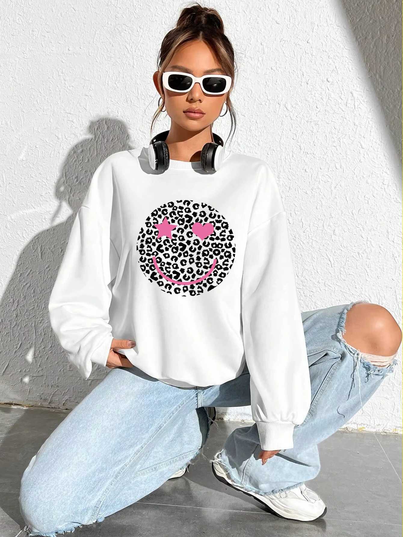 Leopard Print Happy Face Love Printed Sweatshirt Womens Autumn Soft Hoody Fleece Warm Hoodies Street All-Match Female Pullover J251136