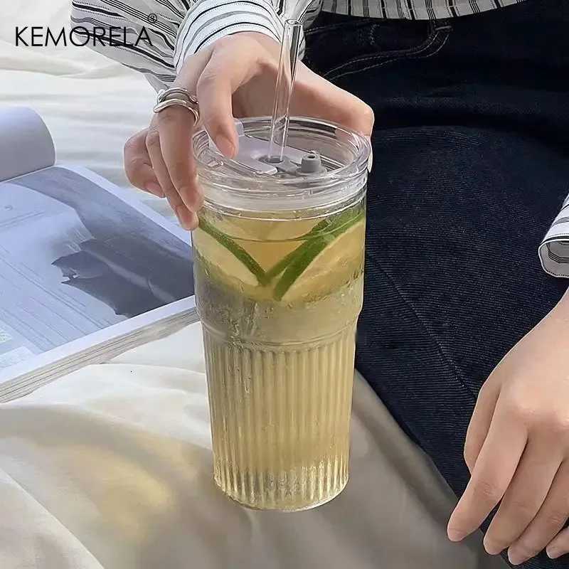 600ML Stripe Glass Cup with Lid and Straw Transparent Drinking Glasses for Juice Iced Coffee Water Cup Outdoor Drinkware Mug C251126