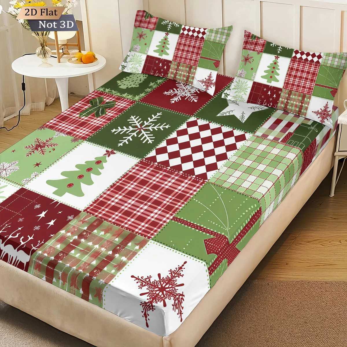Christmas 3pcs fabric splicing Christmas element print coreless bed sheet set multi size soft bedcover bedroom bedding decoration Y251126