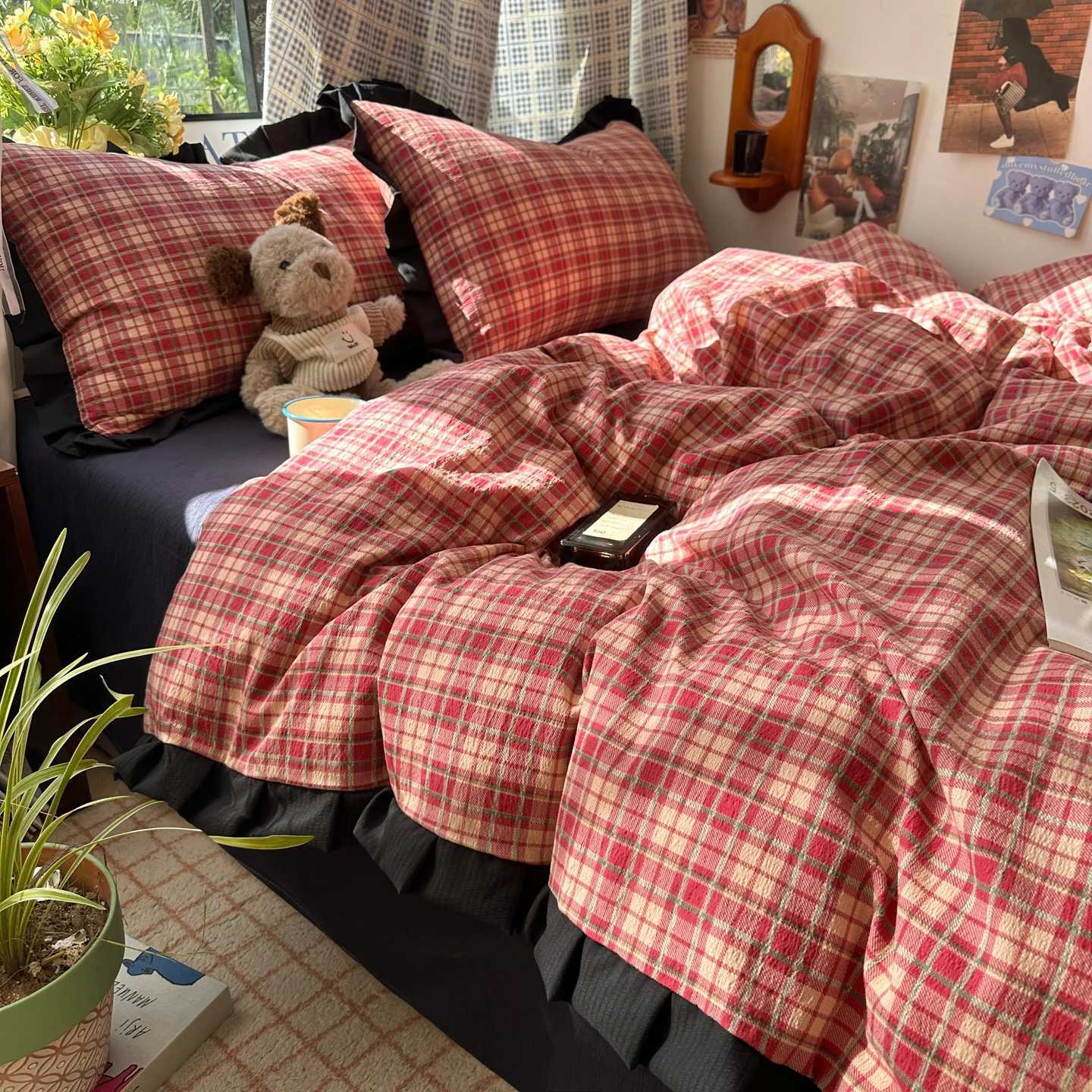 Christmas Plaid Bedding Set Double Yarn Classic Vintage Duvet Cover Set Flat Sheets Set 2 Pillowcases Single Twin Full Queen Size Y251126