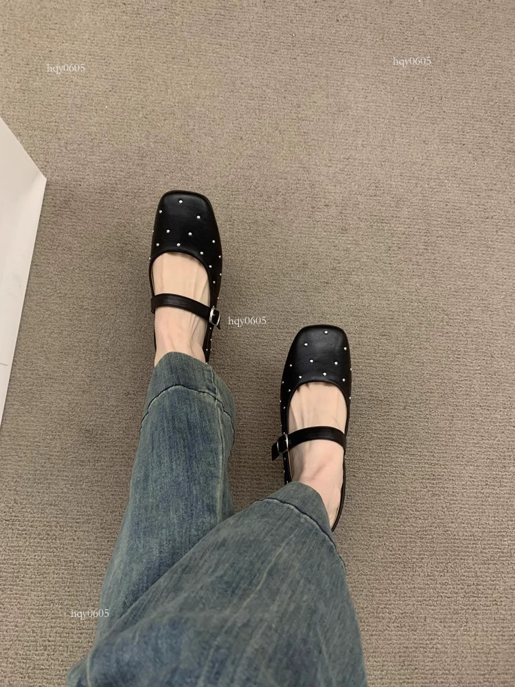 Top brand, high-quality new product designer, new 2025 spring Korean ballet troupe, rivet square toe flat bottomed single button high rise shoes, fash