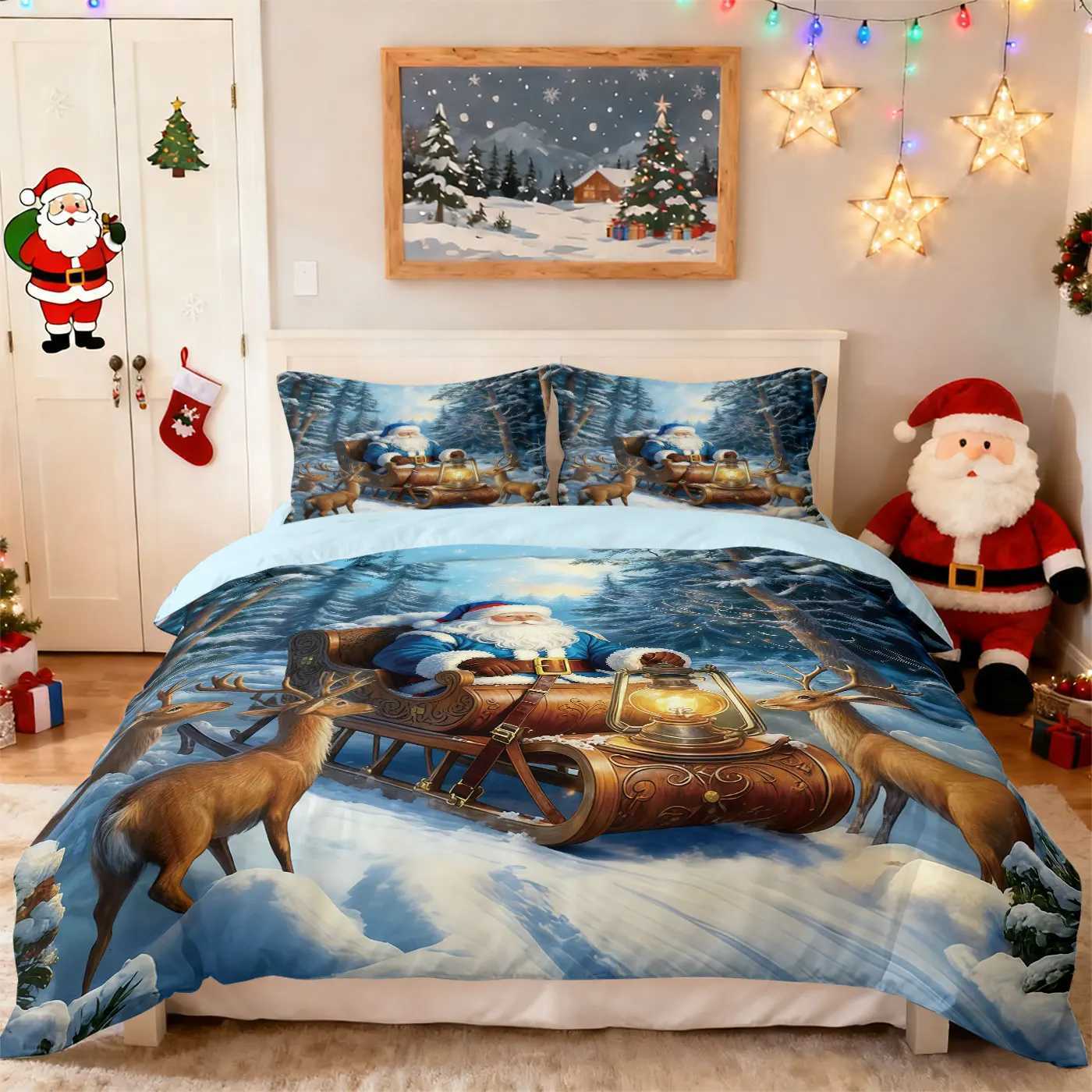 Christmas 3pcs Merry Christmas Santa Claus Printed Chipless Bedding Set Multi Size Bedding Decoration Comfortable and Machine Washable Y251126