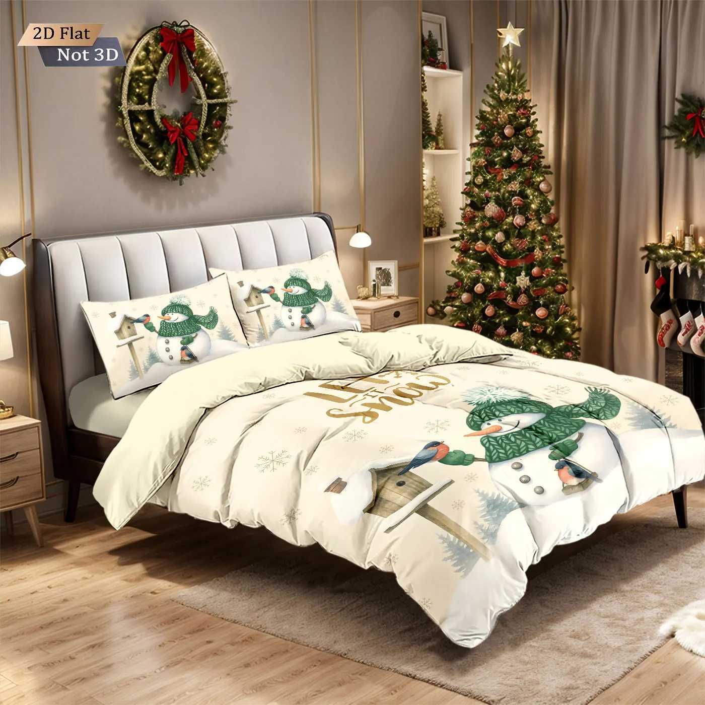 Christmas 3pcs Merry Christmas cartoon snowman printed coreless down comforter set multi size bedroom bedding decoration machine washable Y251126