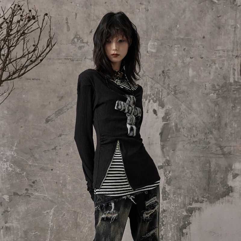 Karrcat Grunge Aesthetics Fake Two-piece Tops Trashy Y2k Long Sleeve Knitted Tops Wasteland Punk Patchwork Tops Gothic Vintage J251136