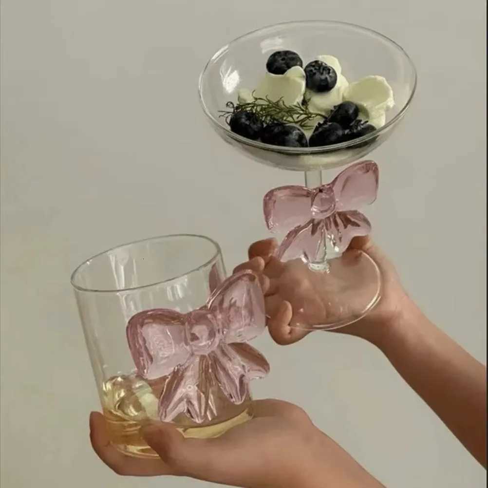 Pink Bow Glass Decor Glass Cup Goblet Bow Handle Glasses Heat-resistant High Borosilicate Dessert Ice Cream Bowl Festival Gifts C251126