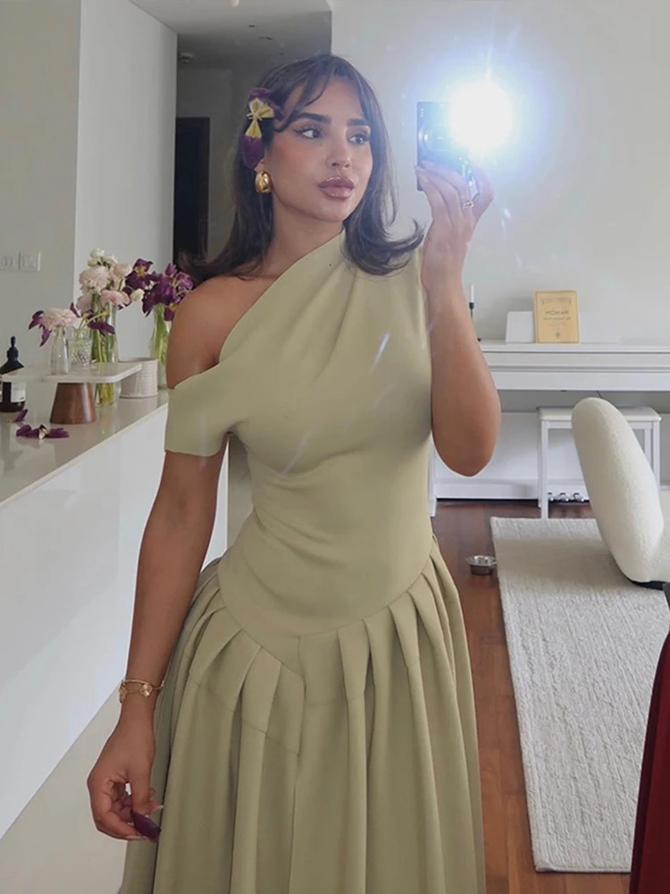 Elegant Pleated Midi Dress For Women Fashion Street Short Sleeve Patchwork Long Dress Casual Office Lady Irregular Neck Vestidos 250425