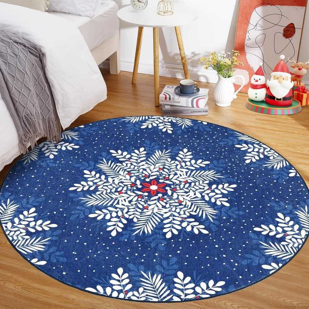 Christmas Snowflake Round Rug Round Washable Circle Rugs for Bedroom Non-Slip Soft Nursery Area Rug for Living RoomM251126