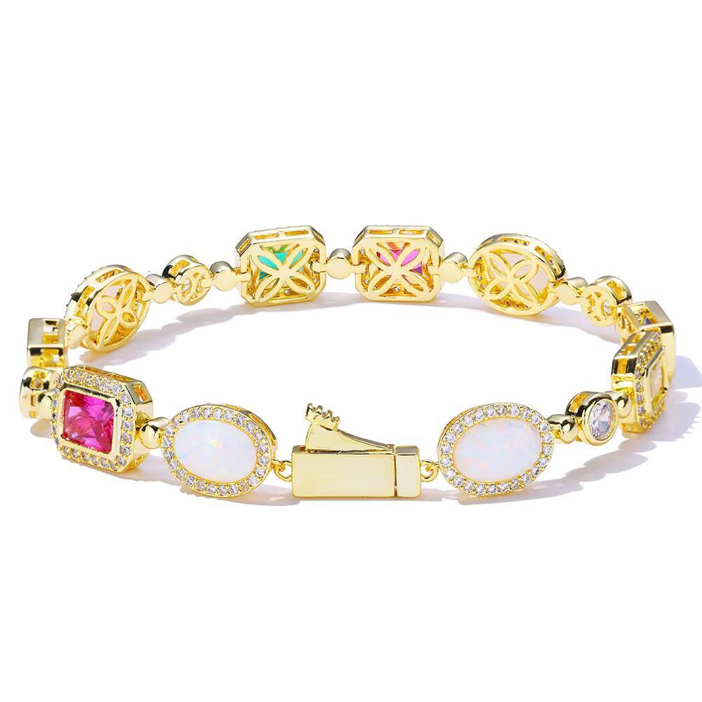 NUOYA Fashion Chain Bracelet White Gold Plated Colorful Opal Geometric Diamond Link Chain Bracelet Womens Jewelry