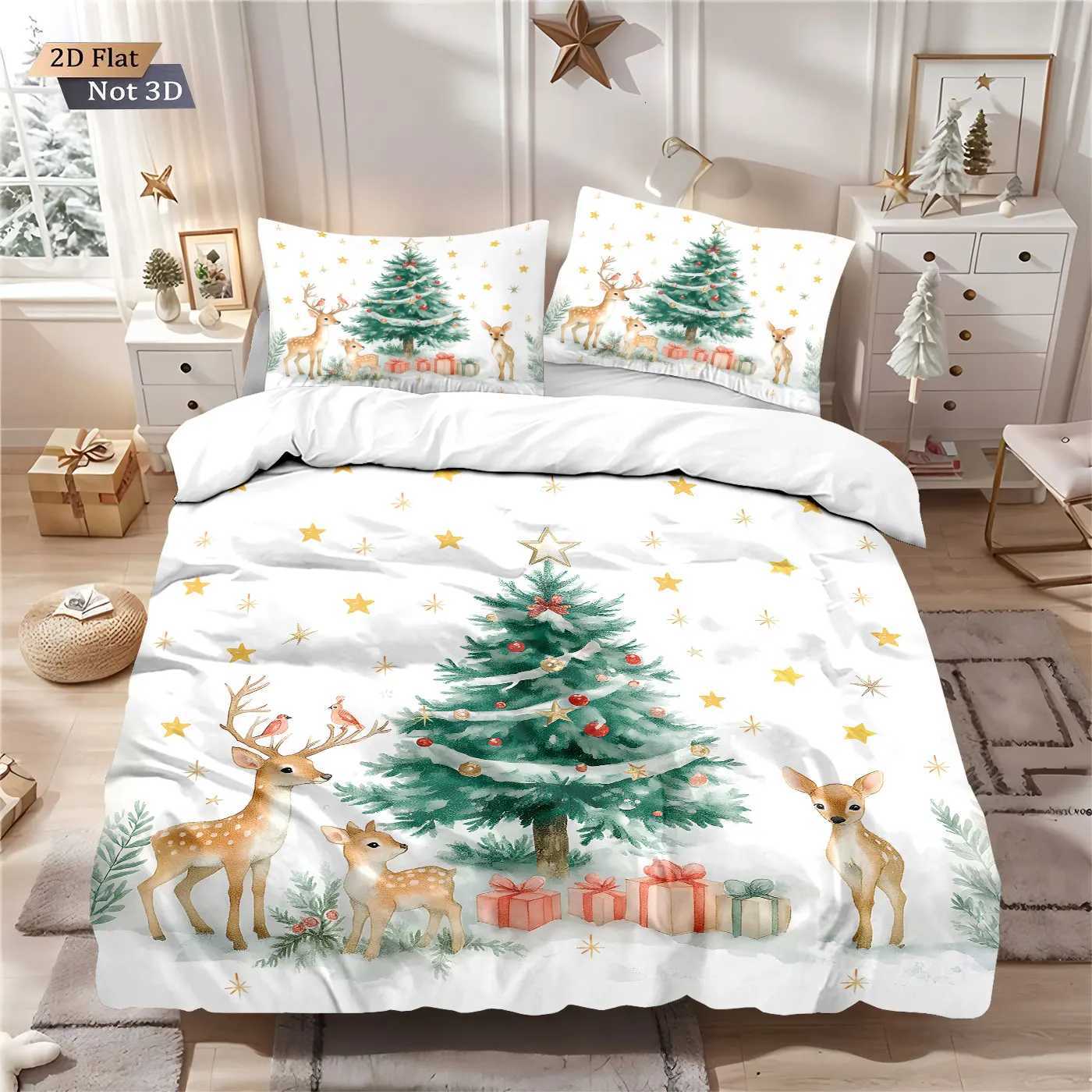 Christmas 3pcs Merry Christmas Cute Deer Printed Core Free Down Duvet Cover Multi Sized Bedroom Holiday Bed Decor Machine Washable Y251126