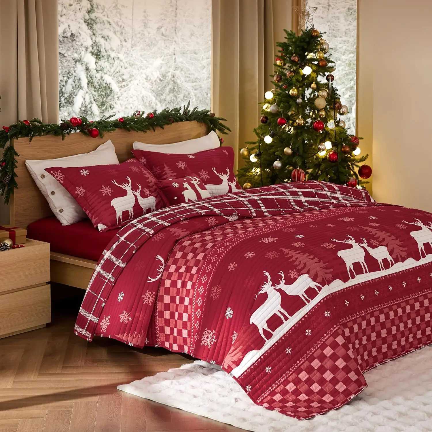 Christmas Christmas Quilt Bedding Set Red King Size Reversible Quilt Set with Snow and Reindeer Pattern Soft Microfiber Lightweight Bedspr Y251126