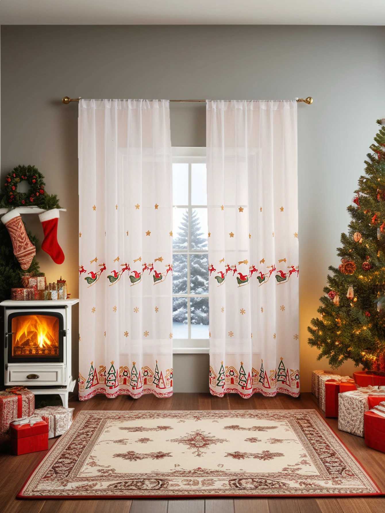 Christmas 1PC Christmas Reindeer Sleigh Embroidered Tulle Pole Curtain for Living Room Bedroom Holiday Party Decor Y251126