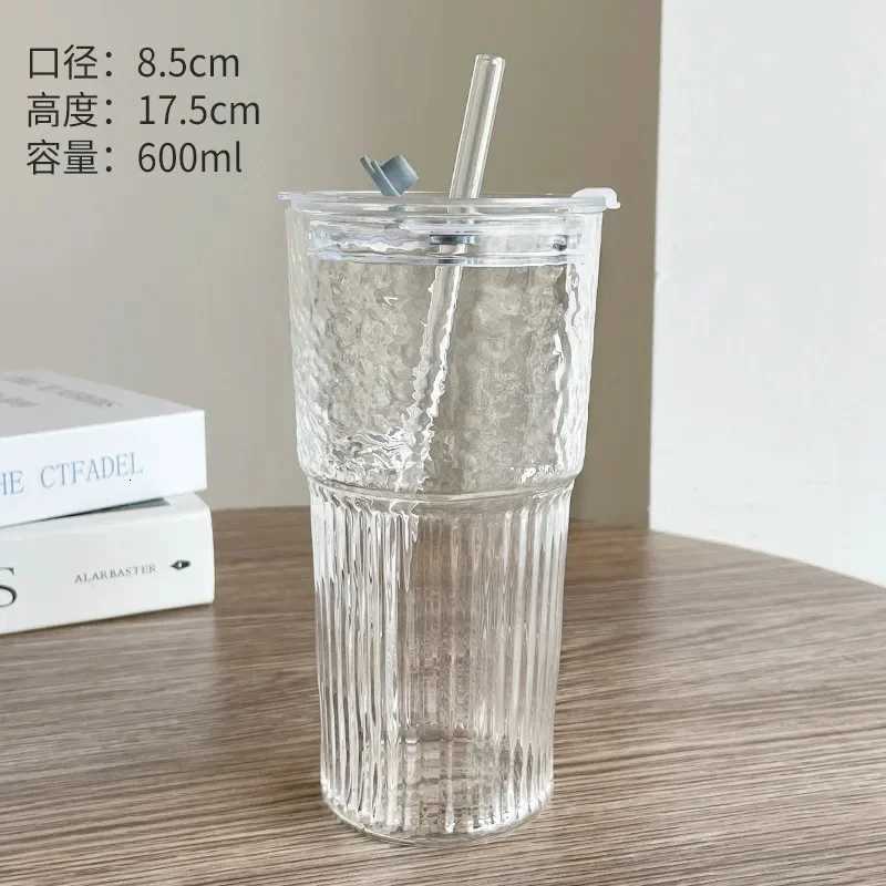 600ML Stripe Glass Cup with Lid and Straw Transparent Drinking Glasses for Juice Iced Coffee Water Cup Outdoor Drinkware Mug C251126